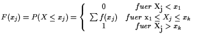 ( F(x_{j})=P(Xleq x_{j})=left{ begin{array}{cc}0 & fuertextrm{ X}_{textr...... X_{j}leq x_{k}1 & fuertextrm{ X}_{textrm{j}}>x_{k}end{array}right. )